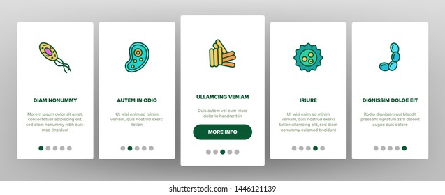 Microorganisms Cells Vector Onboarding Mobile App Page Screen. Viruses, Bacterias, Unicellular Organisms, Protozoa Linear Illustrations. Cocci And Bacillus. Infectious Agent, Bacteriophage Drawings