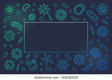 Microorganisms horizontal colorful frame with place for your text. Vector microbiology outline illustration made with bacteria concept icons 