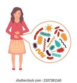  Microorganisms Image. Children Digestive System Problems. Stomach Ache, Food Poisoning Symptom, Isolated Sick Child. Vector Illustration. Flat Design Style