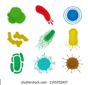 Microorganisms, pandemic viruses, fungi. Bacteria and virus cells isolated on white background. Vector illustration. Flat style.