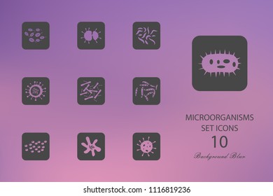 Microorganisms. Set of flat icons on blurred background. Vector illustration