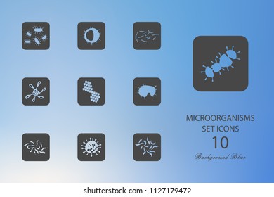 Microorganisms. Set of flat icons on blurred background. Vector illustration