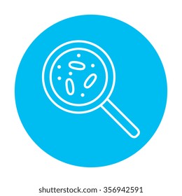 Microorganisms under magnifier line icon for web, mobile and infographics. Vector white icon on the light blue circle isolated on white background.