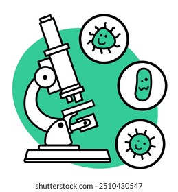 Microorganismos bajo el microscopio. Icono. Concepto de investigación médica de microbios. Herramientas de laboratorio para experimentación científica. Concepto de Vector de bioquímica y análisis. Icono de línea dibujada aislada.