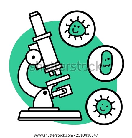Microorganisms under microscope. Icon. Medical research of microbes concept. Lab tools for scientific experiment. Biochemistry and analysis vector concept. Isolated line drawn icon.