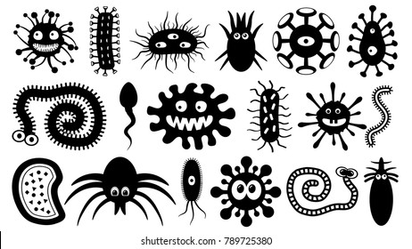 Microorganisms under the microscope, set vector illustration, silhouette. Microbe, parasite, bacteria, worm, virus, sperm