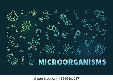 Microorganisms vector Micro Organisms concept linear colored horizontal banner. Microorganism illustration in line style with dark background