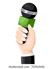 Microphon in reporter hands. Microphon isolated on white background. Television, interview. blogging Flat vector illustration. Web site and mobile app