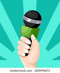 Microphon in reporter hands television interview blogging flat style vector illustration isolated on turquoise background website page and mobile app design