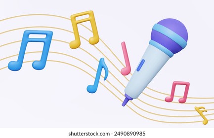 Microphone 3D icon sing karaoke and wave line key melody sound music notes colorful musical on pastel isolated background. Minimal cartoon style. Eps 10 vector. 3d render illustration. elements