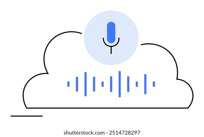 Micrófono sobre la nube, ondas de sonido azul abajo. Ideal para comunicación, tecnología, almacenamiento en la nube, grabación de audio, contenido digital. Diseño de Vector limpio con estilo orientado a la tecnología.