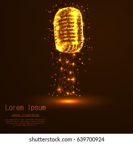 A microphone from abstract polygon in gold. Low poly, lines and associated with form, vector illustration.