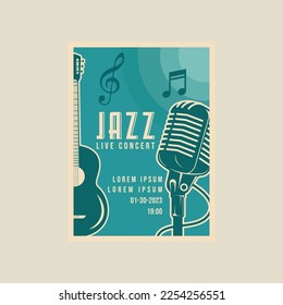 microphone and acoustic guitar vector poster vintage minimalist illustration template graphic design. jazz festival banner invitation or inscription live music and place for text in retro style