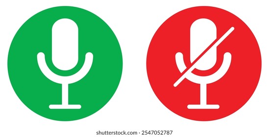 Microphone active and muted symbols representing voice recording and audio control. Ideal for apps, calls, meetings, streaming and communication interface with clear on off status indicators.