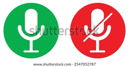 Microphone active and muted symbols representing voice recording and audio control. Ideal for apps, calls, meetings, streaming and communication interface with clear on off status indicators.