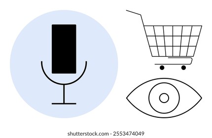 Microphone against a blue circle, black and white shopping cart, and eye symbol. Ideal for technology, e-commerce, surveillance, voice search, and minimalistic designs. Simple and modern style