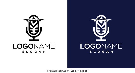 microphone and airplane logo icon design vector