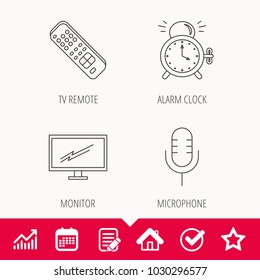 Microphone, alarm clock and TV remote icons. Widescreen TV linear sign. Edit document, Calendar and Graph chart signs. Star, Check and House web icons. Vector