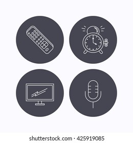 Microphone, alarm clock and TV remote icons. Widescreen TV linear sign. Flat icons in circle buttons on white background. Vector