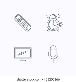 Microphone, alarm clock and TV remote icons. Widescreen TV linear sign. Flat linear icons on white background. Vector