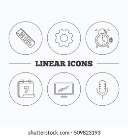 Microphone, alarm clock and TV remote icons. Widescreen TV linear sign. Flat cogwheel and calendar symbols. Linear icons in circle buttons. Vector