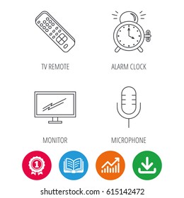 Microphone, alarm clock and TV remote icons. Widescreen TV linear sign. Award medal, growth chart and opened book web icons. Download arrow. Vector