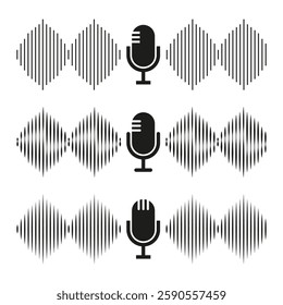 Microphone audio icon. Black sound waves. Voice recording symbol. Podcast frequency pattern.