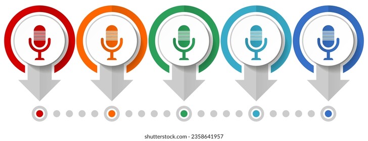 Microphone, audio, record, radio vector icon set, flat design infographic template, set pointer concept icons in 5 color options for webdesign and mobile applications