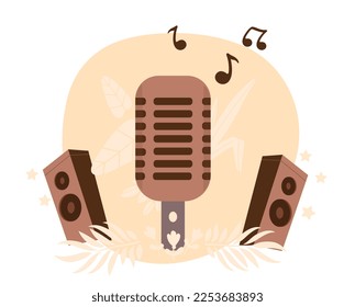 Micrófono con altavoces de audio. Tecnologías, gadgets y dispositivos modernos. Afiche o cartel para el sitio web. Inventario de actuaciones públicas y canciones, grupo musical. Dibujo vectorial plano de dibujos animados