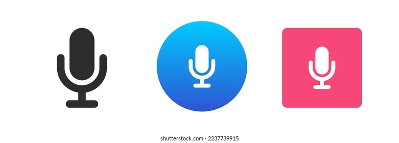 Microphone audio voice record digital device for speech broadcasting icon set vector flat illustration. Mic multimedia podcast radio performance announcement communication electronic technology