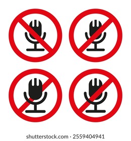 Microphone ban icon. No audio recording. Prohibited mic vector. Red crossed out sign.