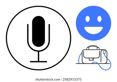 Microphone in black circle, blue happy face, and briefcase with headphones. Ideal for communication, work, technology, podcasting, positive feedback, audio recording, mobile working. Line metaphor