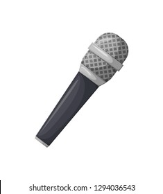 Microphone with black handle vector, isolated icon of mike, karaoke sign. Concert and performance of musician, entertainment with voice professional mic