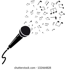 Microphone black silhouette with notes. A vector illustration isolated on white background