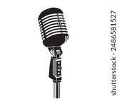 Microphone. Black silhouette of the microphone with retro style. A microphone is an acoustic instrument. A microphone is a device for converting sound vibrations in the air into electrical signals.