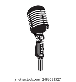 Microphone. Black silhouette of the microphone with retro style. A microphone is an acoustic instrument. A microphone is a device for converting sound vibrations in the air into electrical signals.