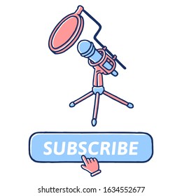 Microphone, Blogging Equipment, Button Subscribe to channel, Hand Cursor, Streaming Equipment. Blogger Channel concept on white background isolated. Stock Vector Illustration. Hand Drawn Style. 