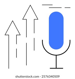 A microphone with a blue inner part accompanied by three upward arrows suggesting growth or elevation. Ideal for growth, success, podcasts, broadcasting, and audio technology themes. Simple line art