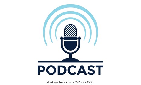 Microphone with blue sound waves emanating from it above word podcast, simple, flat, modern vector illustration for audio content.