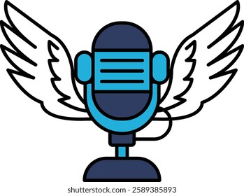 A microphone with a blue and white design is on a white background. The microphone is surrounded by wings, which give the impression of a bird. Scene is playful and whimsical