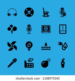 microphone, bomb, death, closet, light bulb, factory, plant, electricity and rocking chair vector icon. Simple icons set