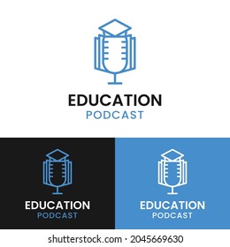 Microphone with Book and Graduation Cap for Education Podcast in Simple Line Style Logo Design Template.
