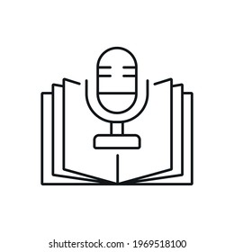 Microphone and book linear icon. Podcast. Thin line customizable illustration. Contour symbol. Vector isolated outline drawing. Editable stroke