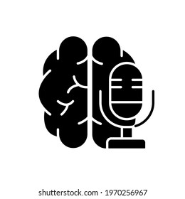 Microphone and brain glyph icon. Podcast. Vector isolated black illustration.