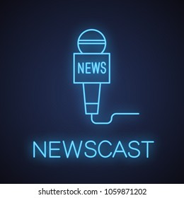 Microphone broadcasting news neon light icon. Television reporting. Glowing sign. Vector isolated illustration