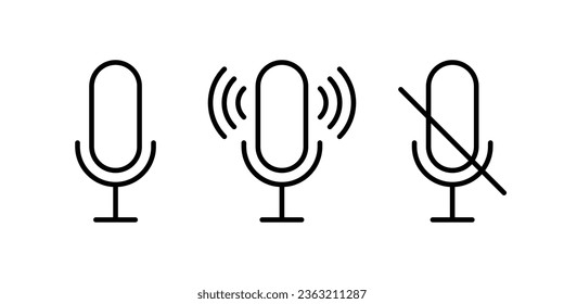 Microphone, broadcasting and prohibited microphone line icon set. Open and off sound, no record. Forbidden mic symbol. Vector sign