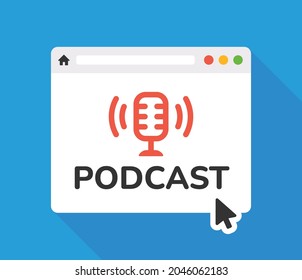 Microphone with browser window icon. Podcast, streaming icon.