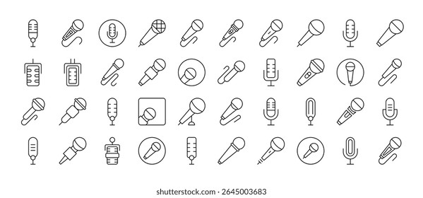 Pacote de Microfones de Ícones de Linha Relacionados. Outline Signs para Gráficos e Web Design, Apps, Anúncios, Vários Cartões 