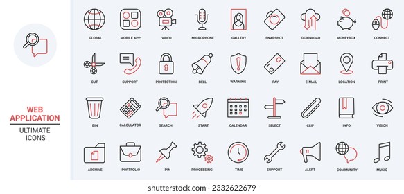 Microphone calculator, video and music gallery web application in phone, email and location info search, global support service. Mobile apps trendy red black thin line icons set vector illustration.