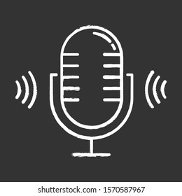 Microphone chalk icon. Voice scan software idea. Modern sound recording equipment. Stereo frequency, speech recognize. Volume amplifier, recording accessory. Isolated vector chalkboard illustration